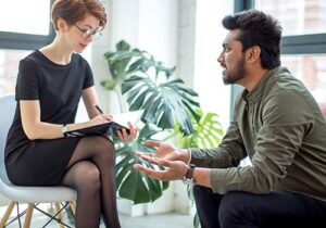 female therapist explaining to male patient the advantages of a prescription drug addiction treatment program